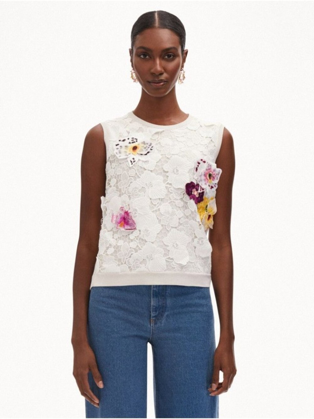 NWT Oscar De La Renta Guipure Floral Lace Knit Tank Top White Womens Size Medium